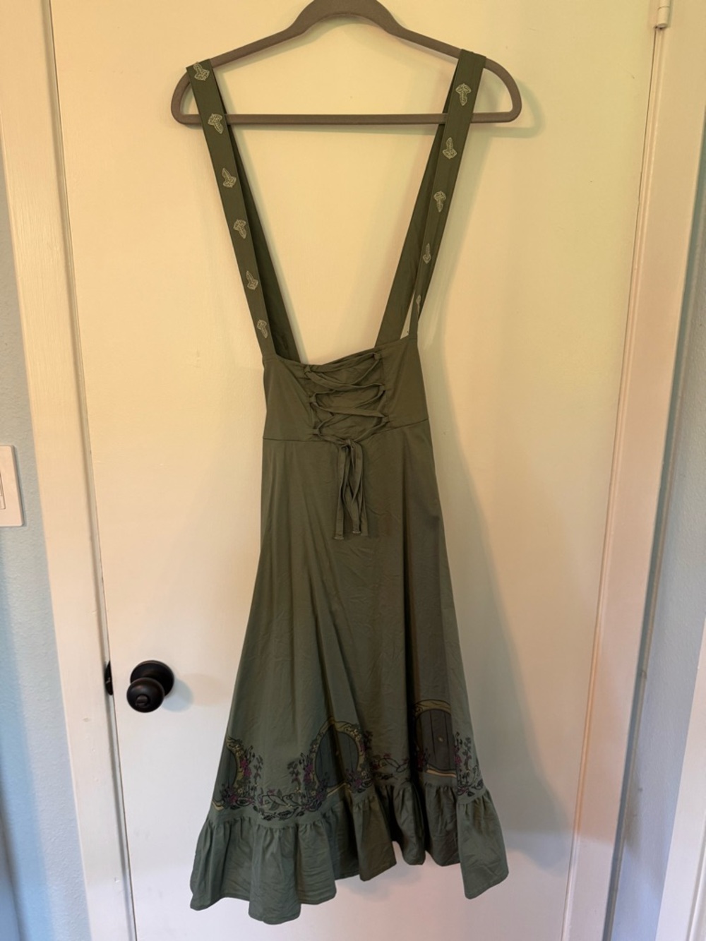 Her Universe Lord of the Rings Olive Green Pinafore Dress with Lace-Up Detail
